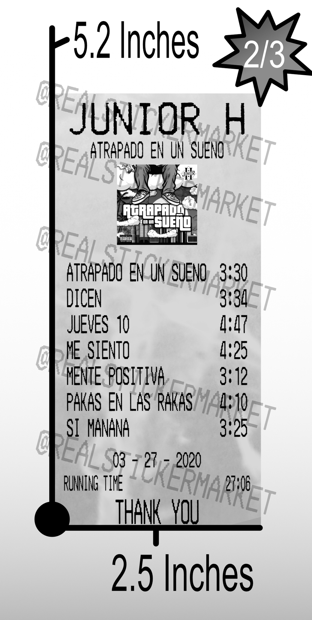 Junior H - Atrapado En Un Sueño receipt sticker, 2.5x5.2 inches
