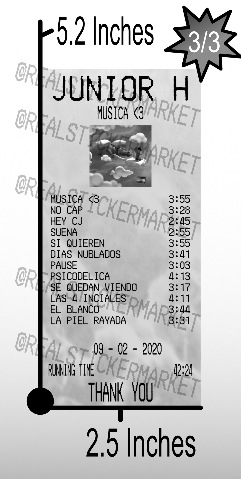 Junior H - Musica <3 receipt sticker, 2.5x5.2 inches